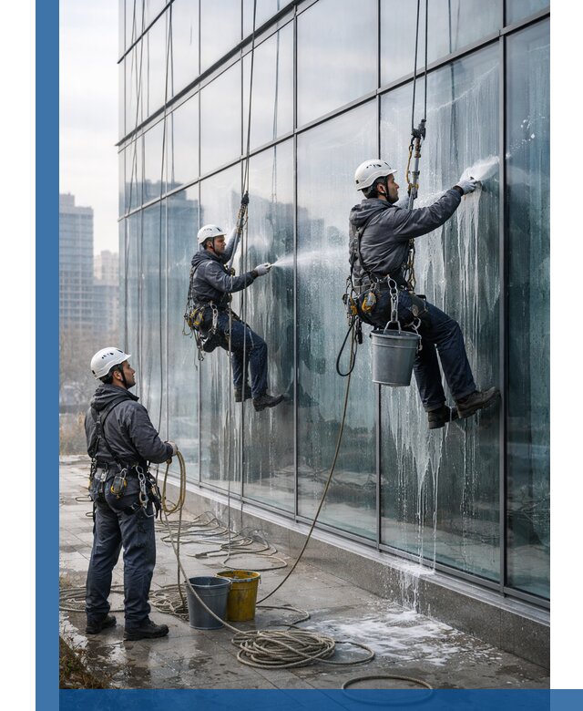 Промышленная мойка панорамных окон на высоте в Краснотурьинске