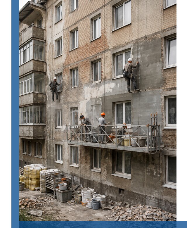 Капитальный ремонт фасада в Краснотурьинске с восстановлением и гидроизоляцией