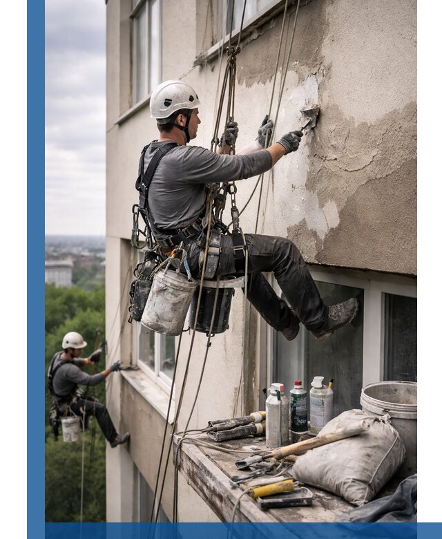 Косметический ремонт фасада зданий в Краснотурьинске промышленными альпинистами
