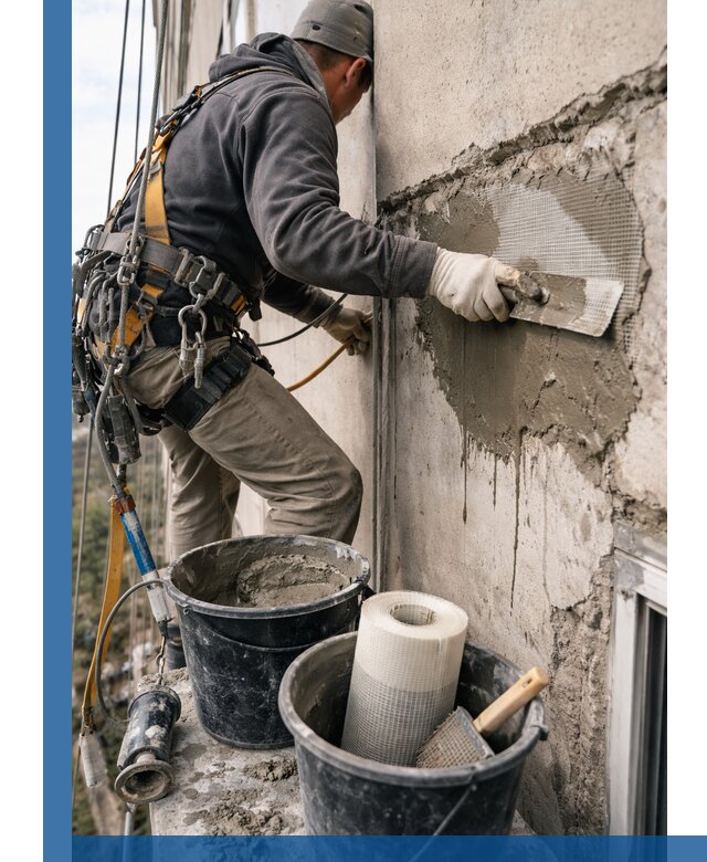 Ремонт бетонных элементов фасада промышленными альпинистами в Краснотурьинске