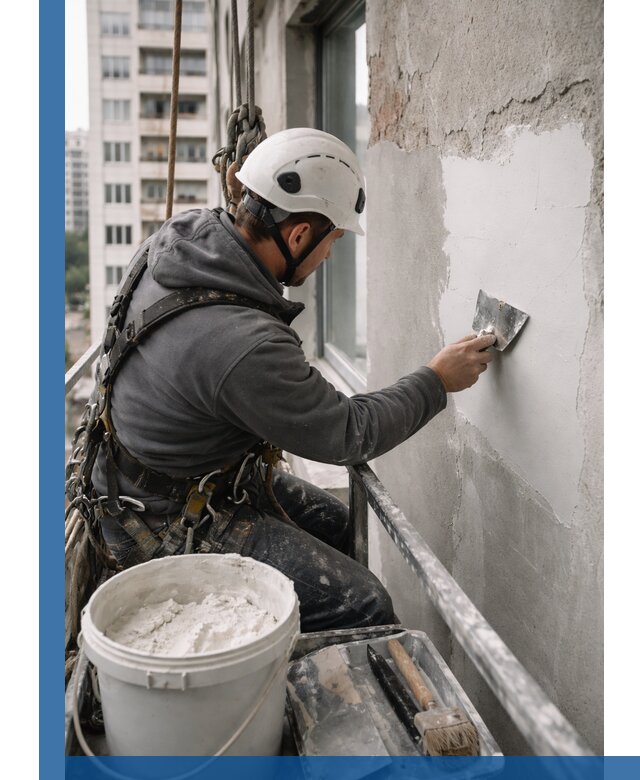 Шпаклевка фасадов на высоте с промальпинистами в Краснотурьинске