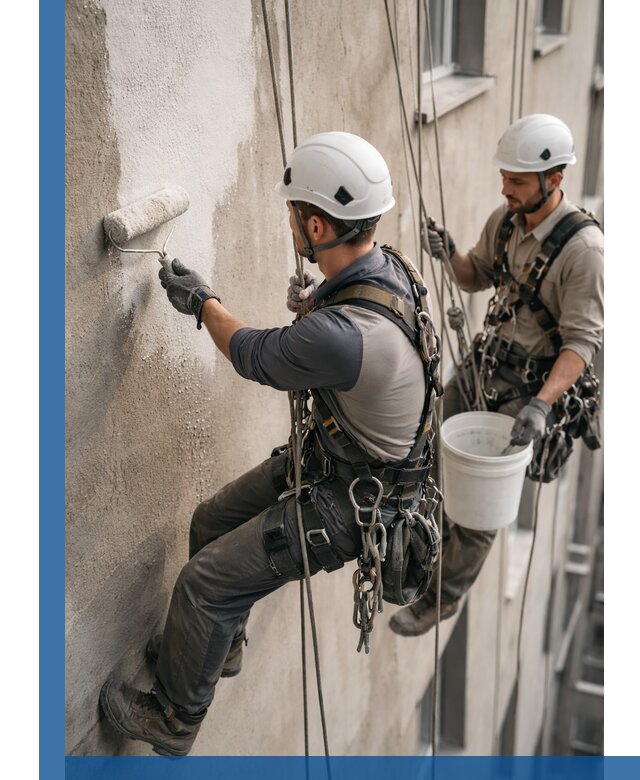 Грунтовка фасада на высоте в Краснотурьинске промышленными альпинистами