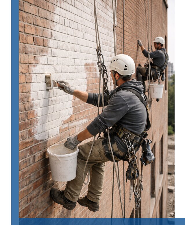 Покраска кирпичного фасада с доступным альпинистским сервисом в Краснотурьинске