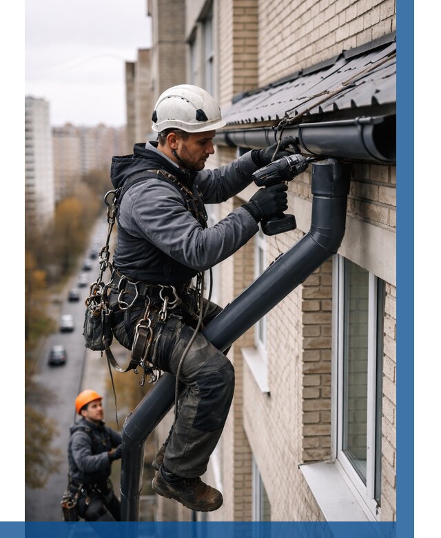 Монтаж водосточной системы на здании в Краснотурьинске от 5317 р. | ВЫСОТНИК-Кту