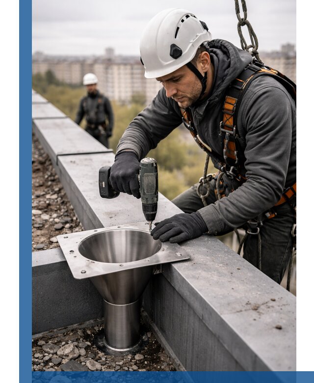 Монтаж водосточных воронок в Краснотурьинске для промышленных зданий