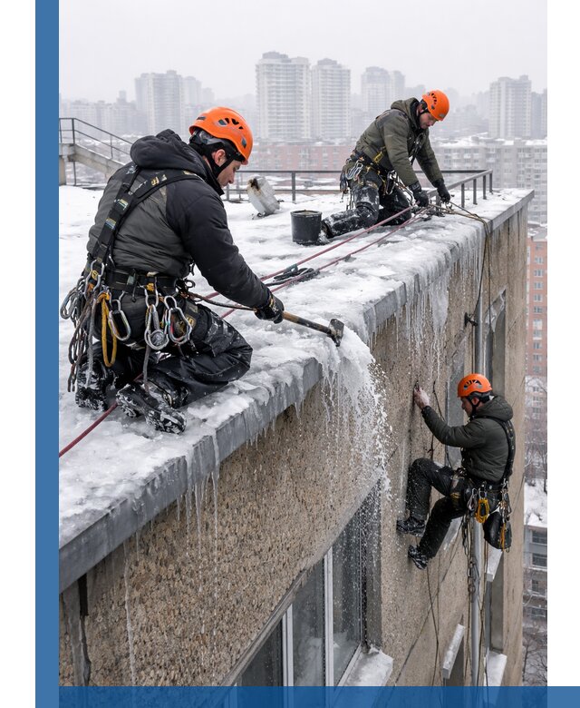 Удаление наледи с кровли в Краснотурьинске промышленными альпинистами