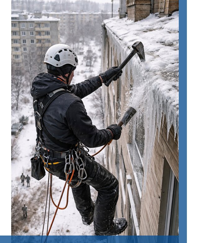 Сбивание сосулек с крыши в Краснотурьинске по цене от 4785 р. | ВЫСОТНИК-Кту