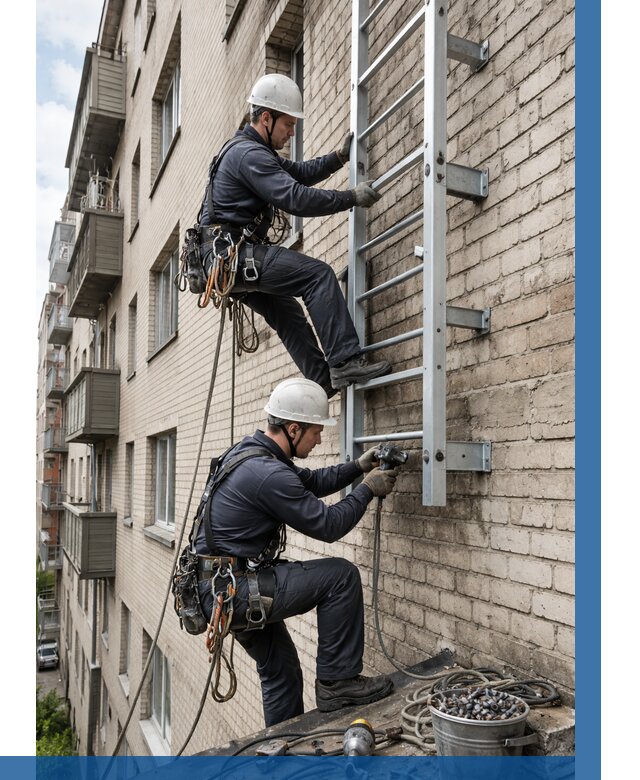 Монтаж пожарной лестницы в Краснотурьинске от 26583 р заказать у ВЫСОТНИК-Кту