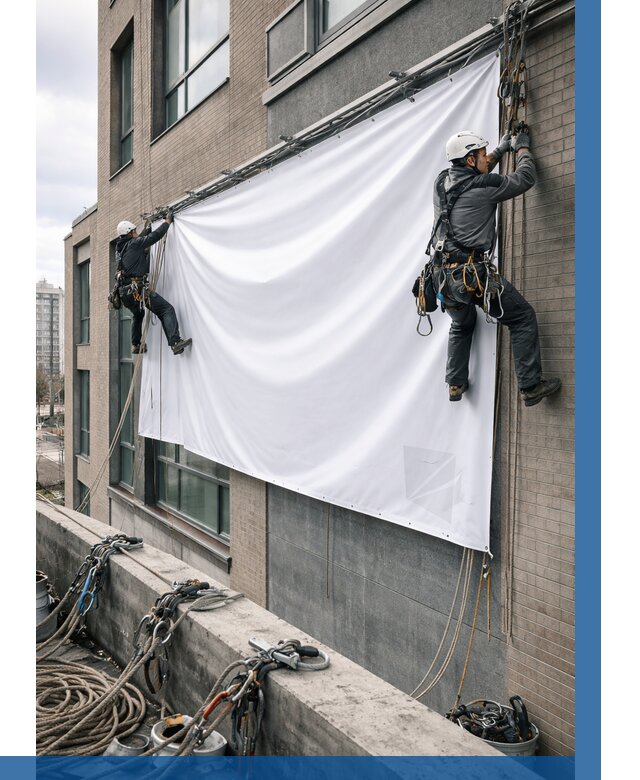 Монтаж баннеров на фасаде в Краснотурьинске от 691 р. заказать ВЫСОТНИК-Кту