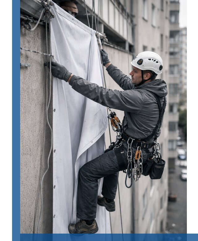 Замена баннерного полотна промышленными альпинистами в Краснотурьинске