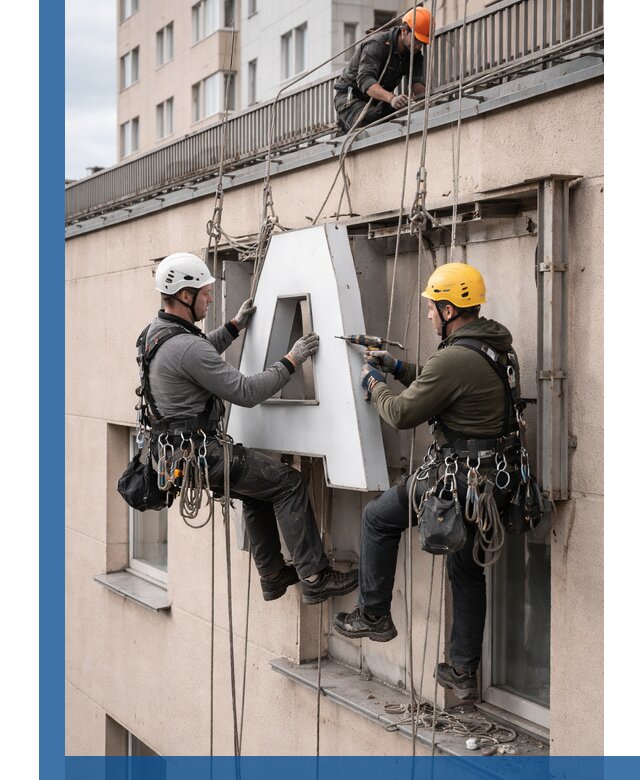 Ремонт и восстановление наружных вывесок на высоте в Краснотурьинске