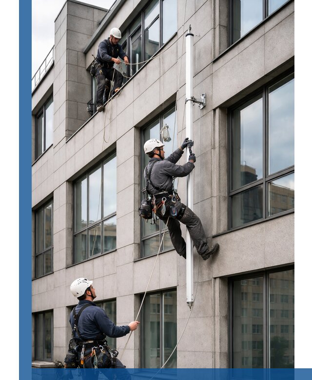 Монтаж флагштока на фасаде здания с креплением и герметикой в Краснотурьинске