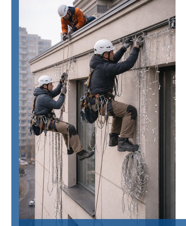 Монтаж праздничных гирлянд на фасаде в Краснотурьинске для зданий