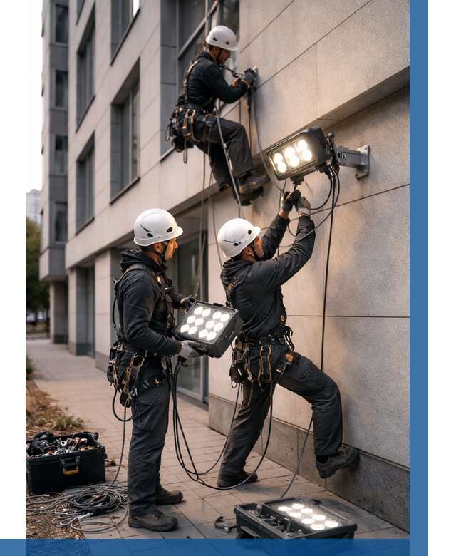 Монтаж прожекторов на фасаде в Краснотурьинске от 7975 р. | ВЫСОТНИК-Кту