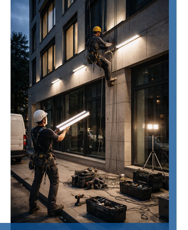 Монтаж архитектурной подсветки здания в Краснотурьинске от 2658 р.|ВЫСОТНИК-Кту