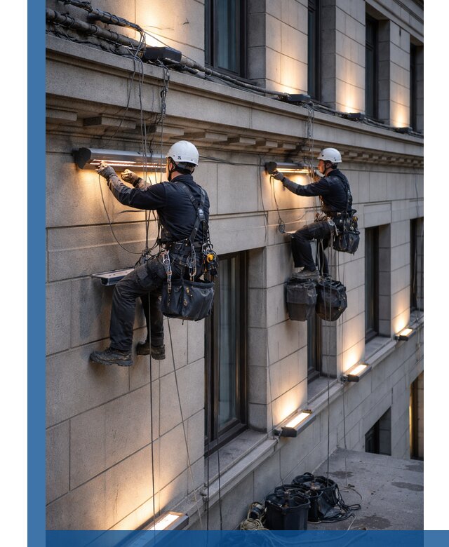 Монтаж архитектурной подсветки фасадов зданий в Краснотурьинске