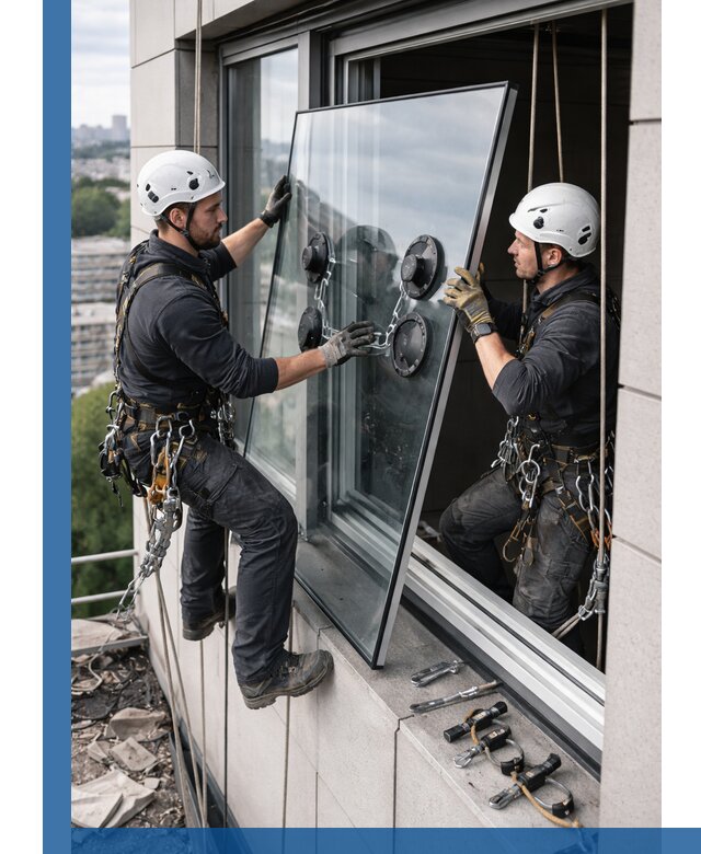 Замена стеклопакетов на высоте с промышленными альпинистами в Краснотурьинске