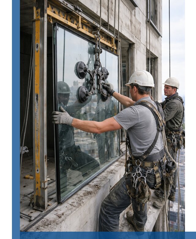 Монтаж стеклопакетов на высоте в Краснотурьинске с промышленным альпинизмом