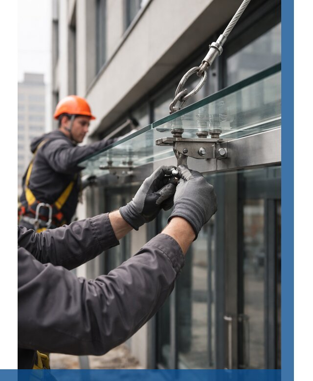 Монтаж стеклянных козырьков в Краснотурьинске от 9038 р. | ВЫСОТНИК-Кту