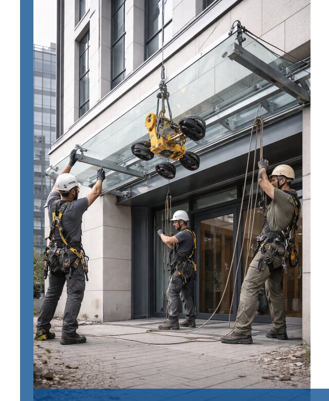 Монтаж стеклянных козырьков под ключ в Краснотурьинске для зданий