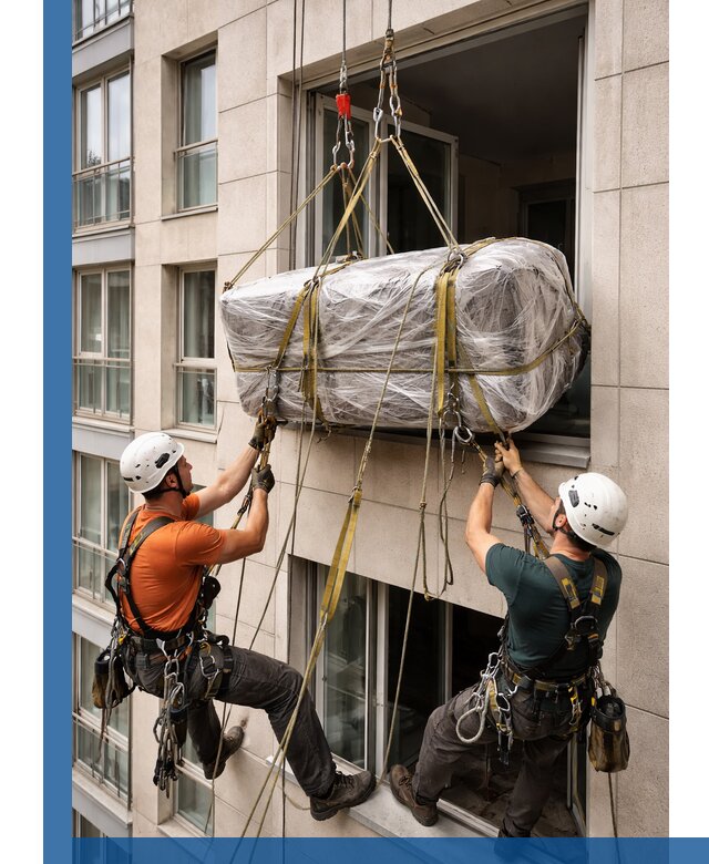 Подъем грузов через окно в Краснотурьинске промышленными альпинистами