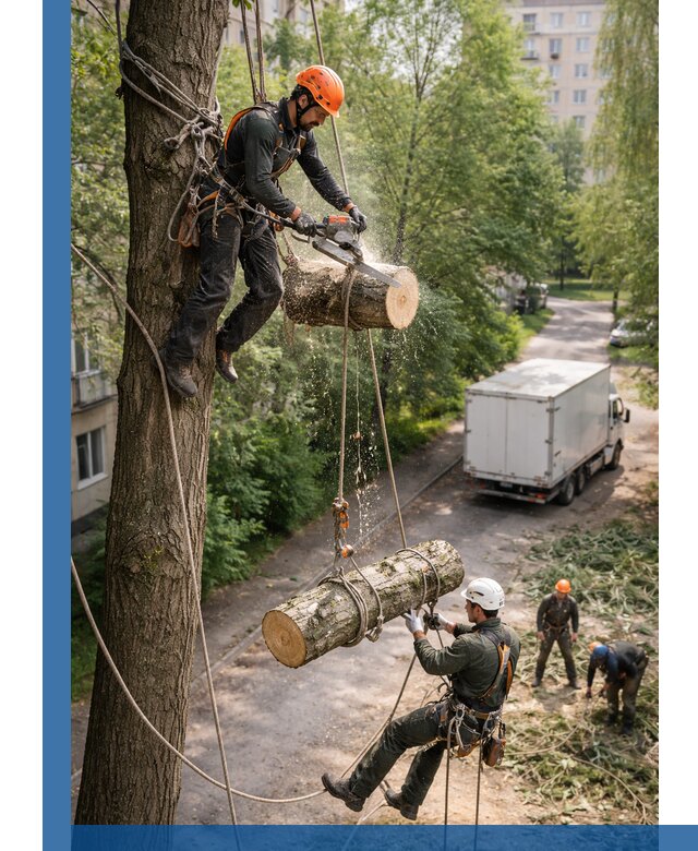 Спил деревьев альпинистами в Краснотурьинске, безопасно и без повреждений