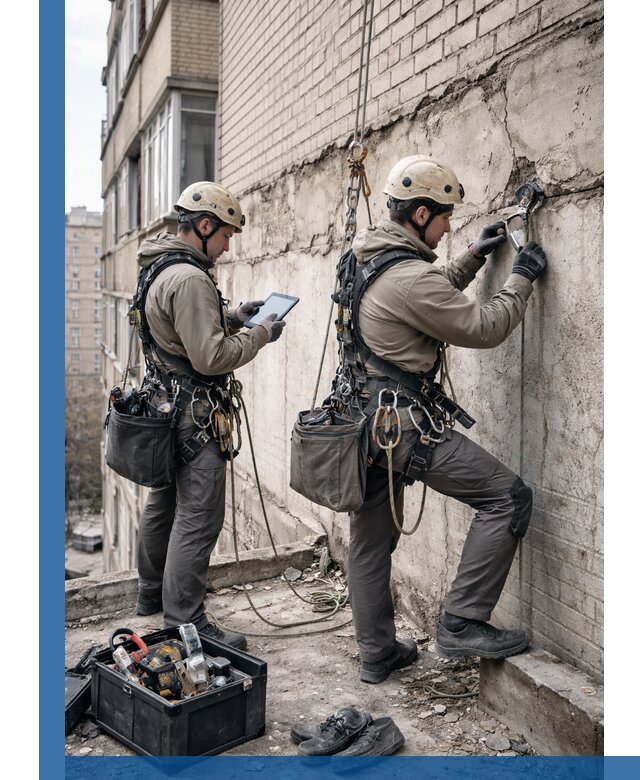 Обследование фасада промышленными альпинистами в Краснотурьинске